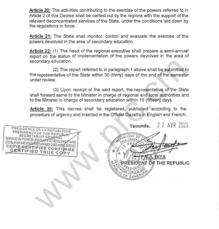 Presidential decree no: 2023/223 of the republic of Cameroon signed